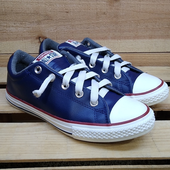 Converse Other - Converse All Star Leather Low Tops, Youth 4, Navy Blue Red & White Puffy Tongue